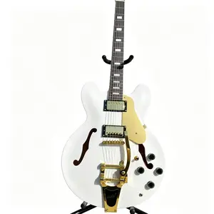 Vintage white ES-355 style  electric guitar equipped with pickups, gold hardware, HH pickups, maple body, f-shaped neck cavity