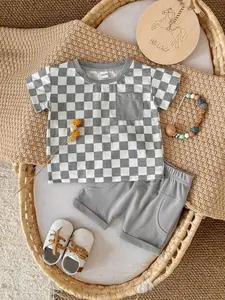 Summer Plaid Pocket Round Neck Short Sleeve Top + Breathable Comfort Shorts Set, Casual Loose-Fitting Two-Piece Baby Clothing for Infants