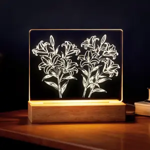 LIVEKEY Lily Carved Acrylic Night Light, Wooden Base Decorative LED Lamp, Dimmable Soft Warm Glow Ambient Lighting, Multifunctional Use for Bedroom, Decorative Led Light