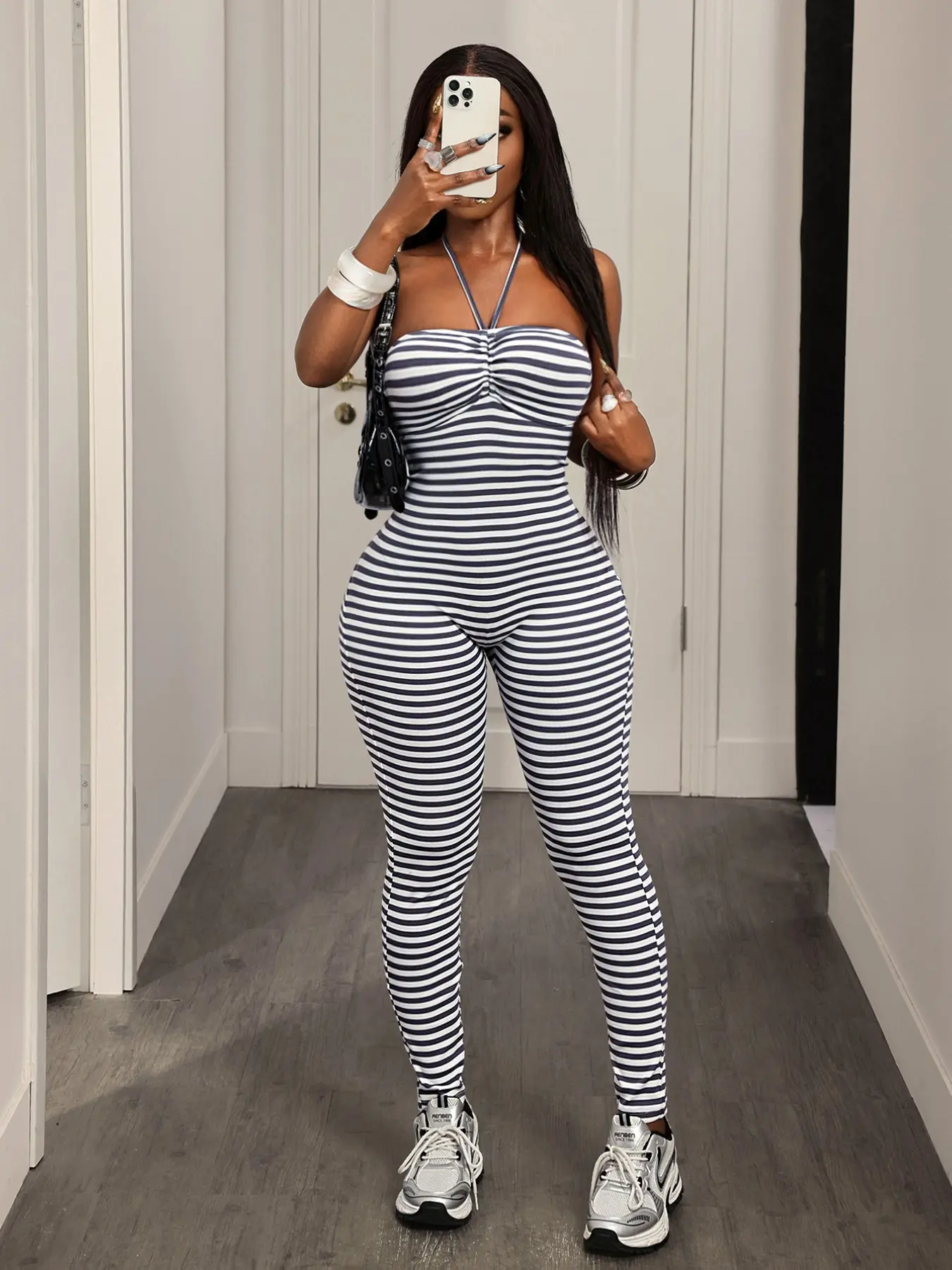 Women's Striped Backless Halter Bodycon Jumpsuit, Sexy Slimming Casual Summer Jumpsuit for Summer Vacation, Sleeveless Jumpsuit