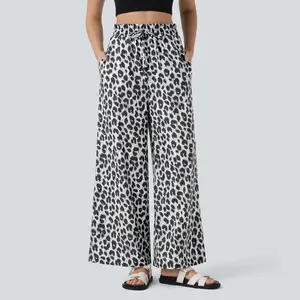 Halara High Waisted Drawstring Side Pocket Leopard Print Wide Leg Casual Pants