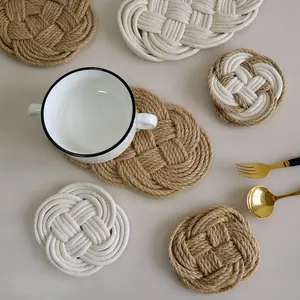 Set of Three Nordic Style Table Mats, Linen Grass Woven Cup Pads, Cotton Line Heat Resistant Round Pad, Kitchen Pot Mat, Kitchen Coasters