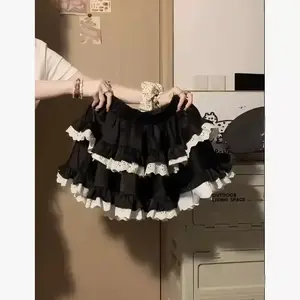 Ballet Style Lace Cake Puffy Black Skirt for Women 2025 New High Waist Loose Casual Lolita Sweet Girl  A-line Mini Skirt Chic Womenswear Bottom Cute