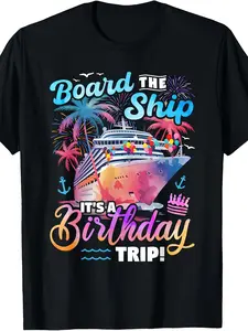 Cotton Men's Cruise Vacation Birthday Trip T-Shirt - Board the Ship Graphic Tee - Black Cruise Ship Design Shirt