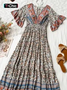 Women's All Over Print V Neck A Line Dress, Bohemian Casual Dress, Boho Fashion Casual Flounce Sleeve Dress for Beach Holiday Vacation, Ladies Dress for Summer