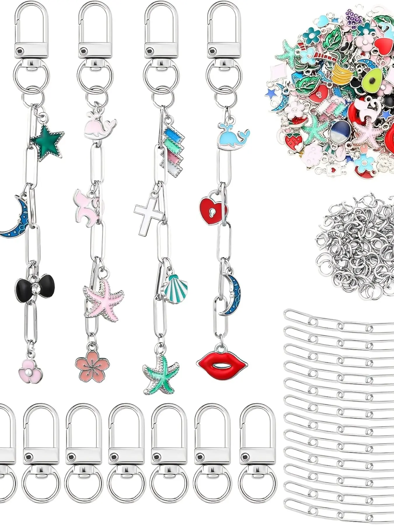 180 keychain making kit, loose package pendant kit, 40 pendants, 10 keychain clips, with keyring rotating buckle hook, lobster claw buckle, 120 jump rings, 10 extension chains DIY process, Beads Charms Accessories, Jewelry Making Supplies, Diy Craft Set