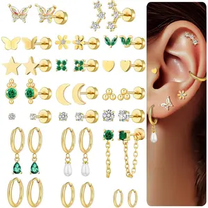 20 Pairs 40pcs Gold Flat Back Earrings Hypoallergenic Cartilage Earring for Women,Mix of 10pcs Hoops,30pcs Studs,Dazzling Helix & Tragus Piercing Jewelry,20G Screw Back Earrings Sets for Multiple Piercing