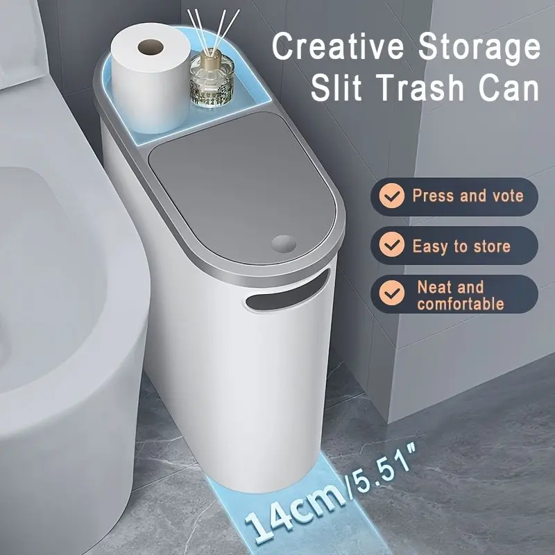 Narrow Trash Bin with Lid, 10L/2.64gal, Press-Open Design, Durable Bathroom Accessory, Bathroom Supplies, Fits Tight Spaces, Ideal for Bedroom & Living Room, Narrow Trash Can