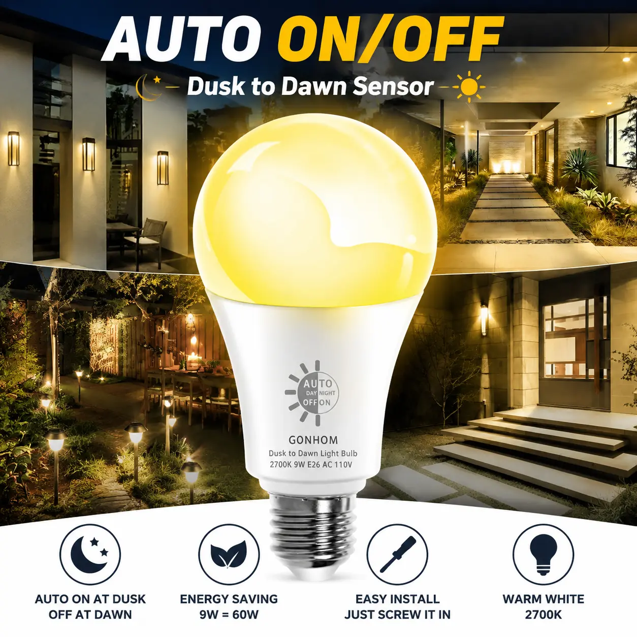 Auto On Off Outdoor Light Bulb for Porch Garage Front Door | Dusk to Dawn Sensor Auto On Off Outdoor Light Bulb for Porch Garage Front Door | Dusk to Dawn Sensor