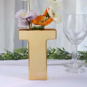 Ceramic Letter "T" Vase Shiny Gold Plated 6" - Stylish Bud Planter Pot for Table Centerpieces