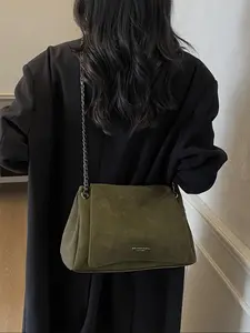 Fashion Vintage Solid Color Suede Fabric Flap Magnetic Closure Large Capacity Shoulder Casual Commuter Bag, Perfect for Office, College, Work, Business, Travel