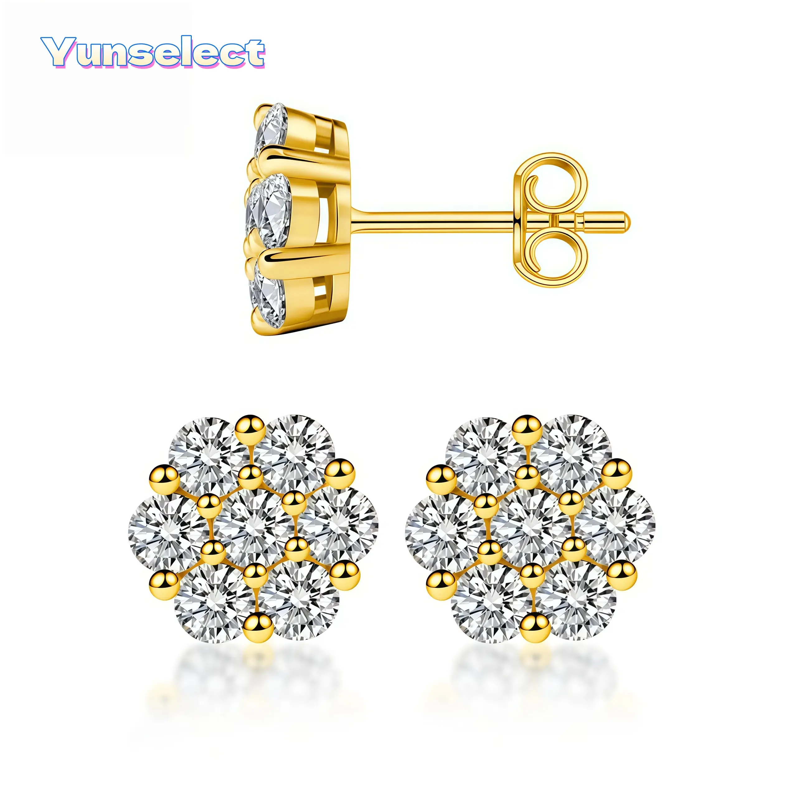 S925 Sterling Silver Post Iced Out Flower Stud Earrings - 14K Gold Plated, Hypoallergenic Artificial Gemstone Bling Sparkly Round Jewelry for Women