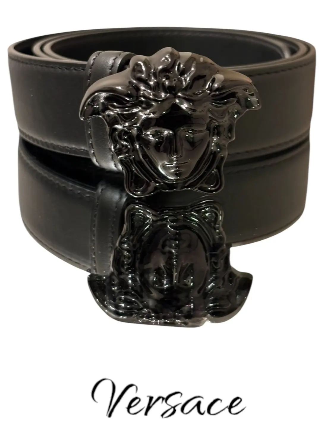 Pre-owned VERSACE Leather Bag accessories Woman’s Medusa Black Belt, Silver, 4Cm, Statement Piece, 100% Calf Leather