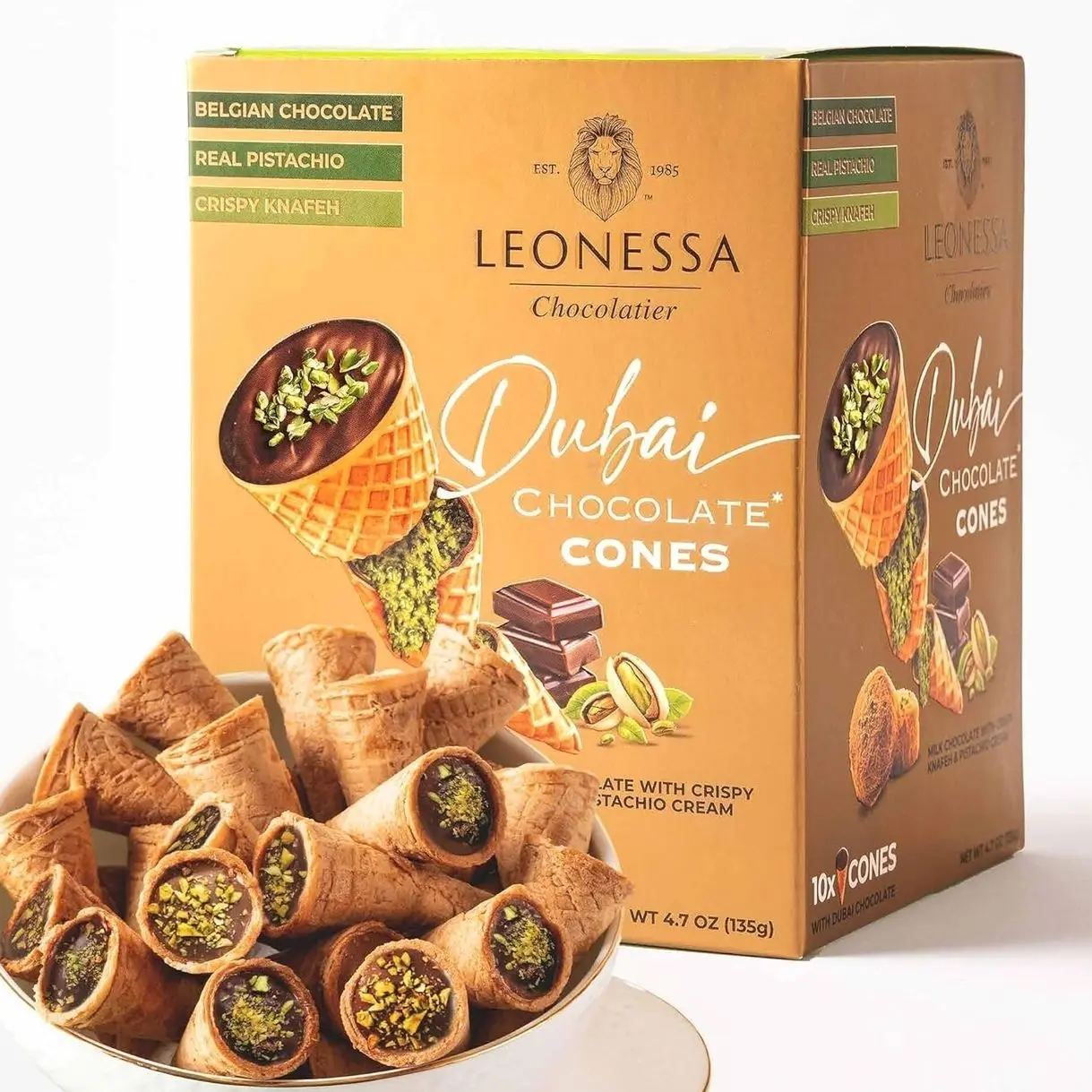 Leonessa Dubai Chocolate Cones with Pistachio Kunafa | Made with Premium Belgian Chocolates | Kunafa Chocolate | Chocolates de Dubai - 4.7 oz