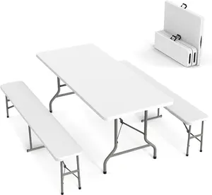 Picnic Table Set with 2 Benches, 6 Feet Camping Table Chair Set,3-Piece Folding Furniture for Indoor or Outdoor Use, Smooth Tabletop, White
