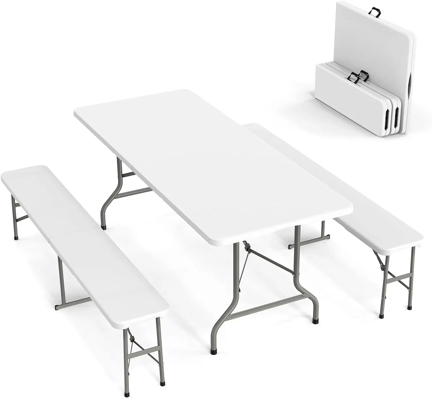 Picnic Table Set with 2 Benches, 6 Feet Camping Table Chair Set,3-Piece Folding Furniture for Indoor or Outdoor Use, Smooth Tabletop, White