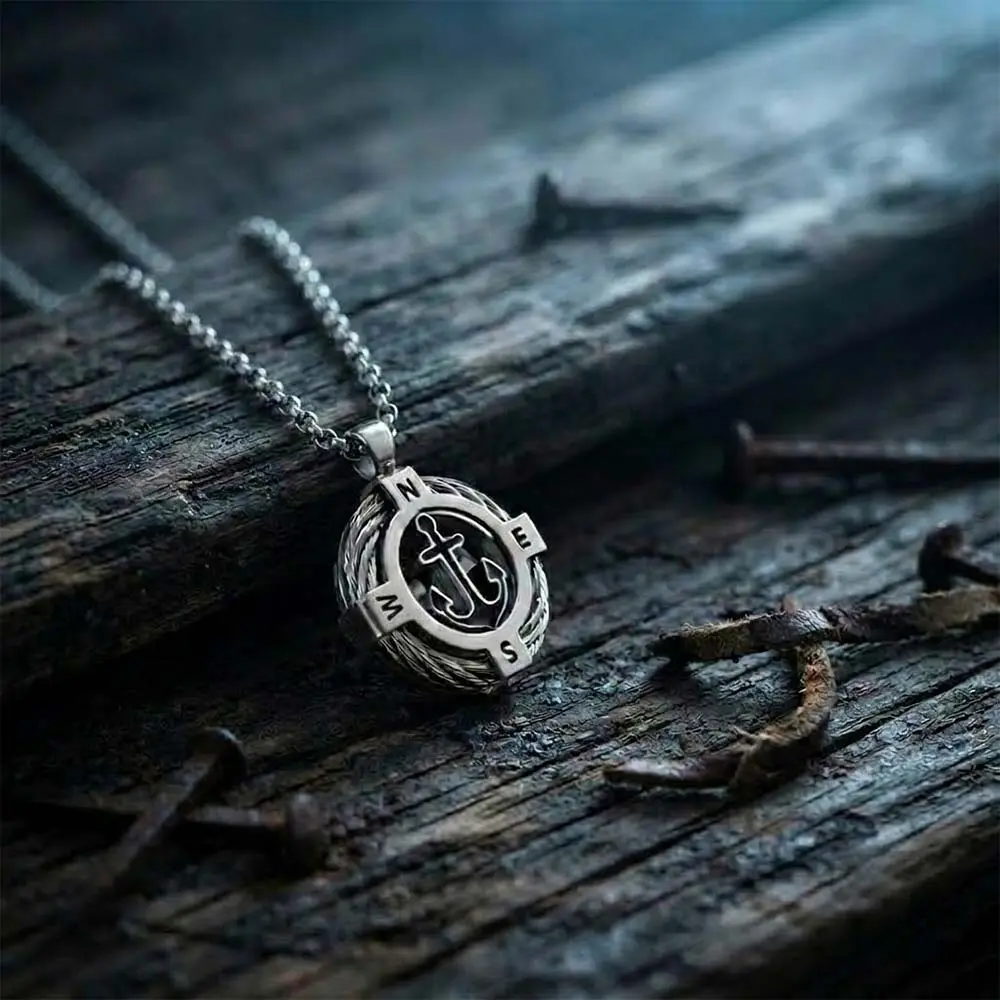 GTHIC Stylish Stainless Steel Compass Rotatable Pendant with Anchor Inlay Nautical Unisex Neck Jewelry Sea Voyages & Daily Outdoor Street Outfits