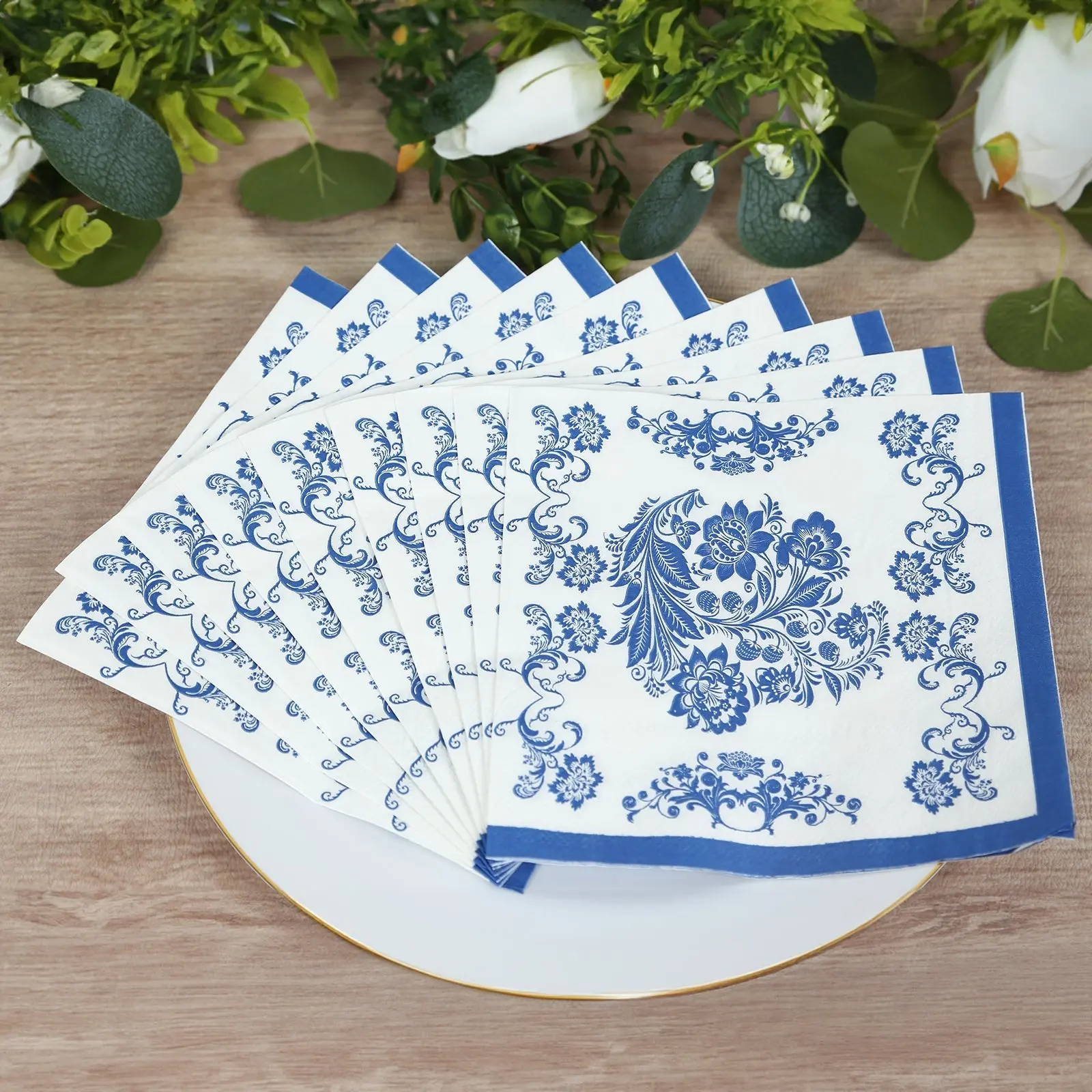 50 Pack 2-Ply Print Paper Beverage Napkins, Disposable White Royal Blue Damask Pattern Cocktail Napkins - Highly Absorbent, Soft for Wedding, Party Home Supplies