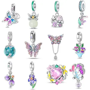 Spring Series Charms 925 Sterling Silver Butterfly Dragonfly Pink Daisy Pendant Beads Fit  Original Bracelets DIY Jewelry