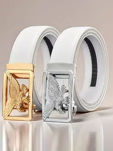 Tone Metallic Eagle Design - Men's White Automatic Buckle Belt with Golden- Stylish Faux Leather Business, Casual Belt for Men