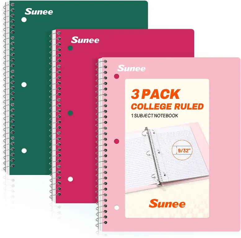 SUNEE Spiral Notebooks, 3 Pack, 1-Subject, College Ruled Paper, 8" x 10-1/2", 70 Sheets per Notebook, Assorted Colors Spiral Notebooks for School (Cherry, Pink, Green)