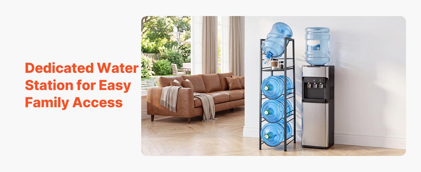 【Summerfinds】VEVOR Water Jug Holder5 Tiers 3 and 5 Gallon Water Bottle Holder for 4 BottlesHeavy Duty Jug Rack Organizer with Storage ShelfAdjustable Feetand Handlefor KitchenOfficeLiving RoomBlack