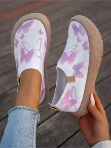 Butterfly Print Flyknit Slip-On Sneakers for Women, Breathable Mesh One-Step Casual Shoes, Lightweight Non-Slip Flat Sole