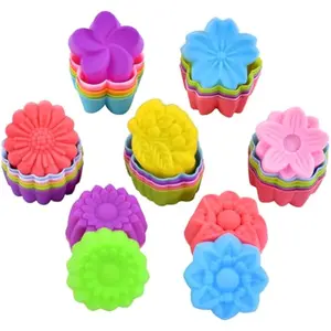Reusable Silicone Baking Cups, 2 Inch Mini Size Silicone Cupcake Liners for baking, Multi Flower Shapes reusable Muffin Liners, Pack of 42