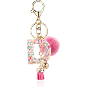 Resin Alphabet Initial Letter Keychain Keyring for Women Purse Handbags With Fur Ball Pom