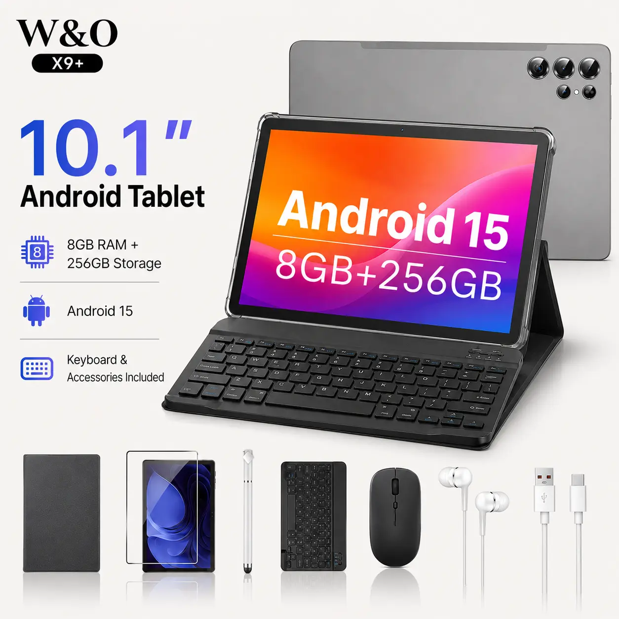 W&O 10.1 Inch Android 15 Tablet 8GB 256GB Dual Camera 8000mAh Battery IPS Display Portable Smart Tablet with Full Accessories Keyboard Case Mouse Stylus Charger