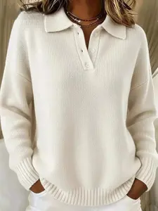 Full Size Half Button Collar Drop Shoulder Sweater Plus Size