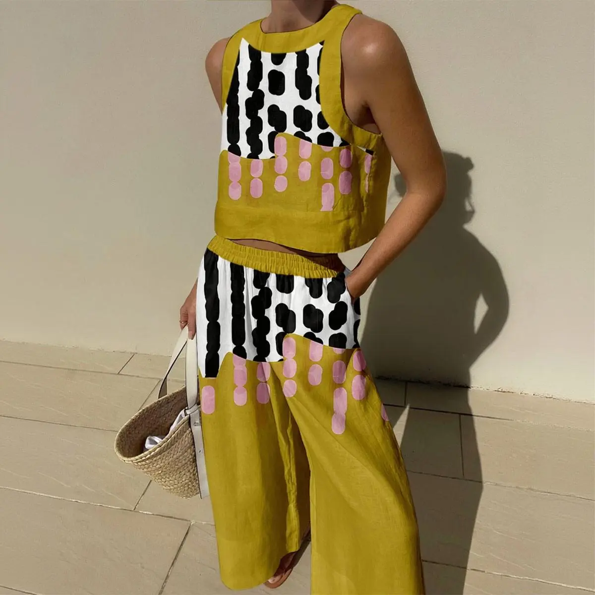 Women's Vintage 2-Piece Casual Breathable Fabric Set - Geometric Mustard Yellow Print Vest Crop Top & Wide Leg Pants with Blush Pink Detail, Pocket, Style, Loose Fit