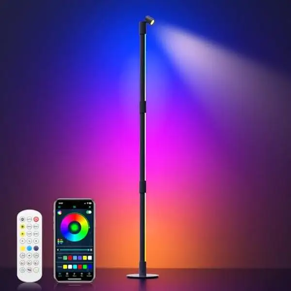 LED Corner Lamp, 360° Rotating RGB Corner Floor Lamp with Spotlight, Bluetooth Smart&Remote Control, Music Syn Ambient Light, DIY, Decoration Gift