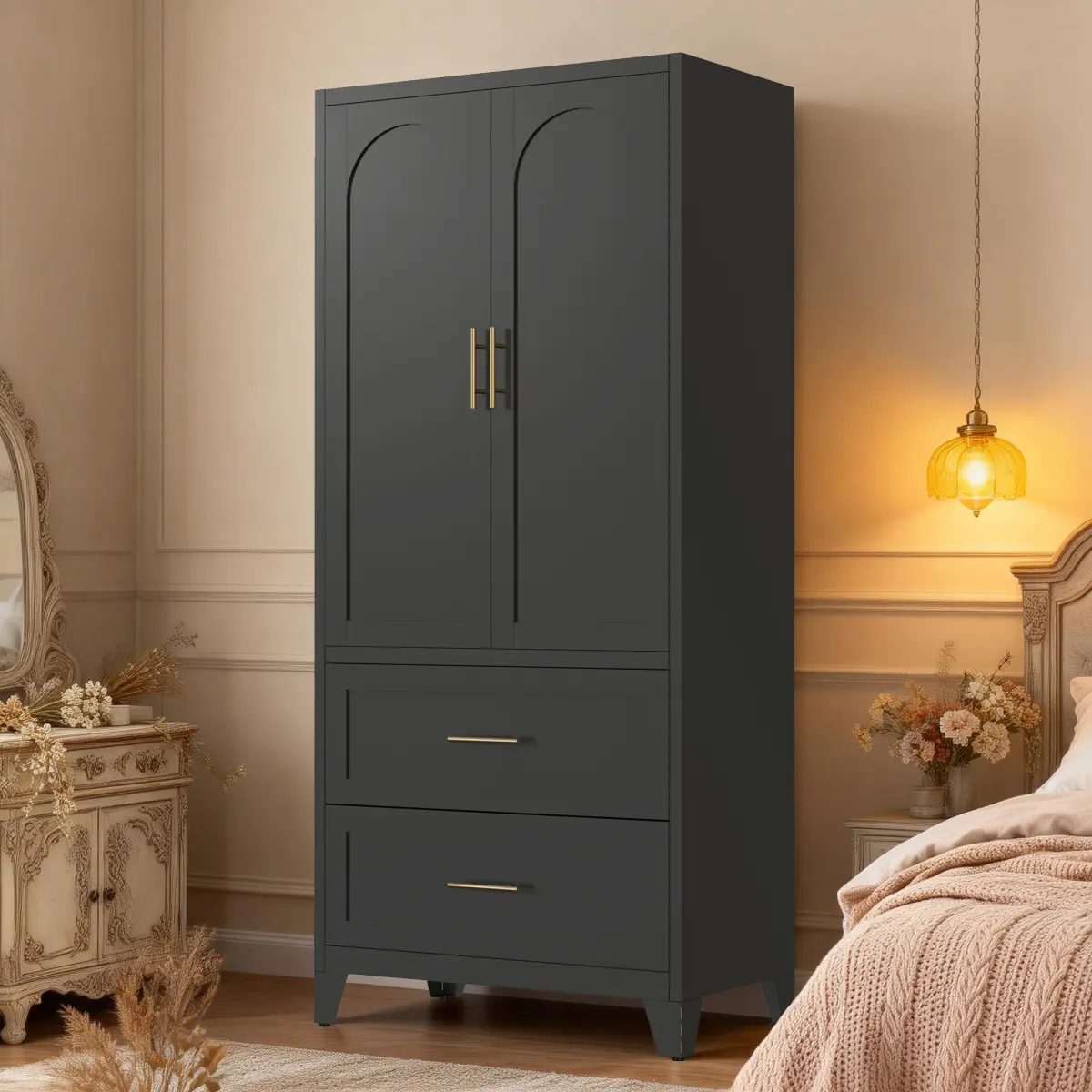 Aobtkel 71" Tall Heavy-Duty Durable Non-Plastic Modern Double Wardrobe Cabinet - Metal Adjustable Drawer Compartments, 2 Drawers, Hanging Rod, 2 Doors, Shelf, Assembly Required for Bedroom, Guesthouse, Laundry Room (Black),sohochic