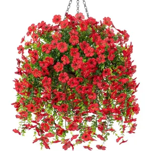 Artificial Fake Hanging Flowers Plants with Basket for Outdoor Spring Decoration, Faux Silk Daisy Flower Real Touch UV Resistant for Outside Porch Patio Garden Yard Home Decor(Red)