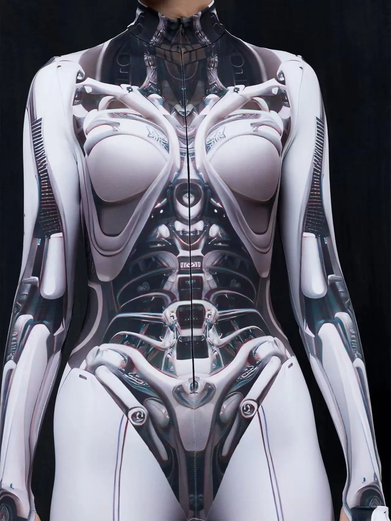 White 3D Print Cyborg Bodysuit Women, Stretch Milk Silk Futuristic Robot Costume For Halloween Photoshoot Club
