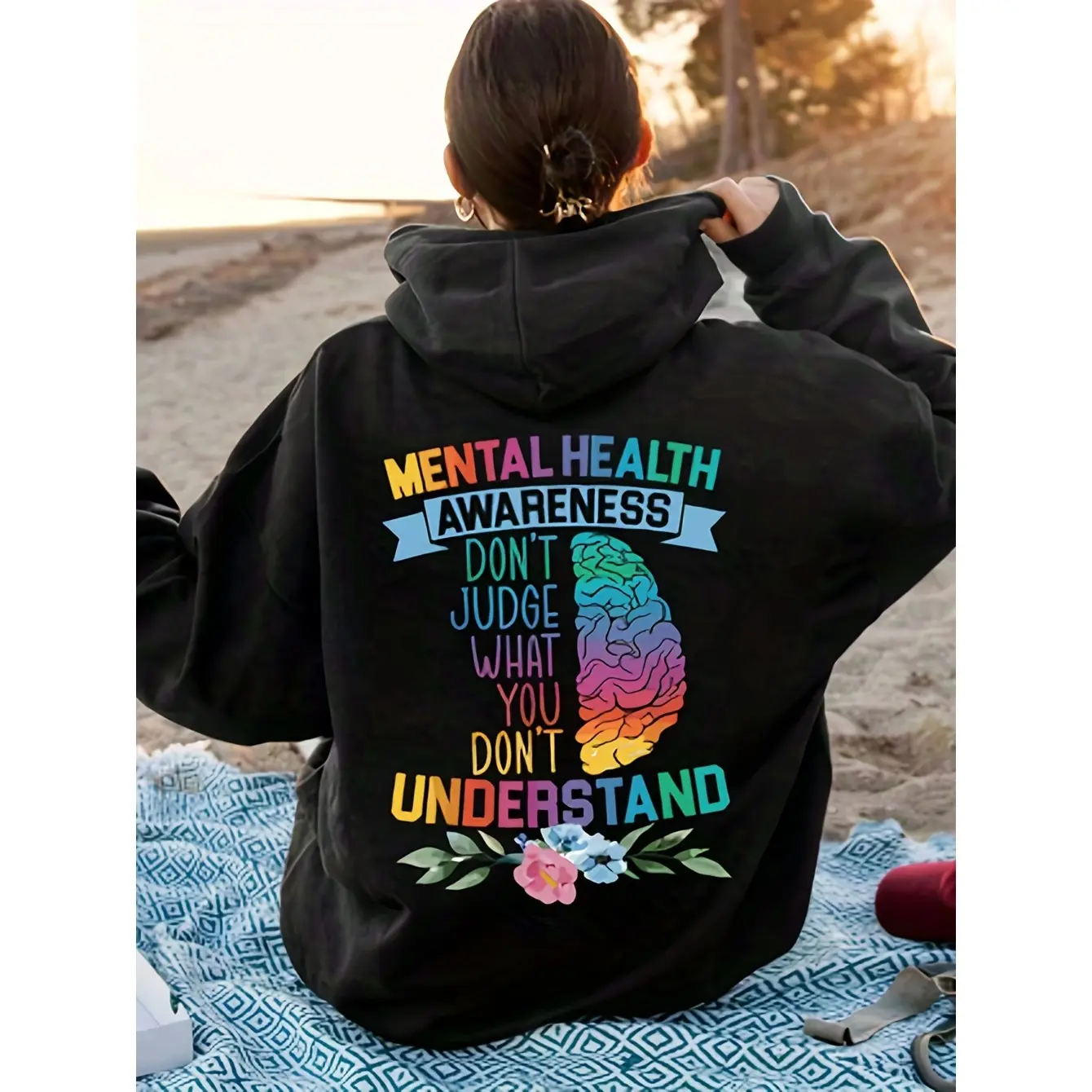 Women's Affirmational Graphic Long Sleeve Pull-On Hoodie - Fitted Cut, Stretch Cotton Blend Stretch Fabric, Mental Health Awareness, Casual Wear, Alternative Graphic Women's Hoodies, XL