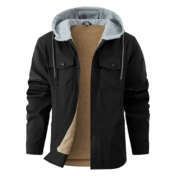 Grangclad Men's Winter Sherpa-Lined Fleece Thermal Jacket, Menswear Tops Coats, Plain Adjustable Hood Men's Fleece Jackets, Warm Thick Outerwear, Hood Heat Lined