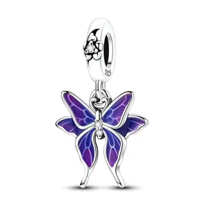Exquisite Trendy Pendant - Silver-Plated Temperature-Sensitive Color-Changing Butterfly Charm, Purple Enamel Fairy Wings, Cubic Zirconia Costume Jewelry Accessory for Necklaces, Bracelets