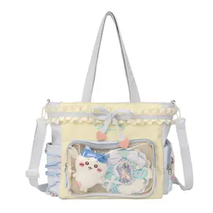 FAURALA Pastel Pink Kawaii Ita Bag Cute Ruffle Lace Tote Bag with Clear Window for Plushies Pins Badge Display, Sweet Coquette Y2K Aesthetic Shoulder Bag, Large Capacity Handbag for Anime Cosplay K-pop Merch Daily School Use (Pins & Plush NOT Included)