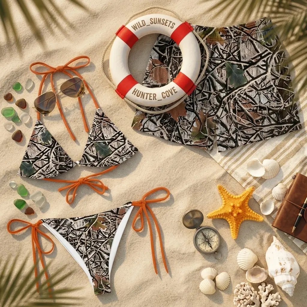 Camouflage Matching Couple Swimwear Set - Rugged His and Hers Camo Bikini and Board Shorts - Outdoor Style Vacation Beach Outfit for Couples