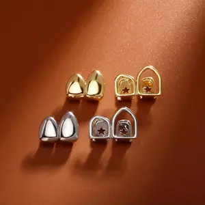 14K Gold Plated Copper Teeth Grills, 2PCS Set, Hip Hop Hollowed Star Design, Unisex Dental Grills for Adults, Party Accessory, Age 14+