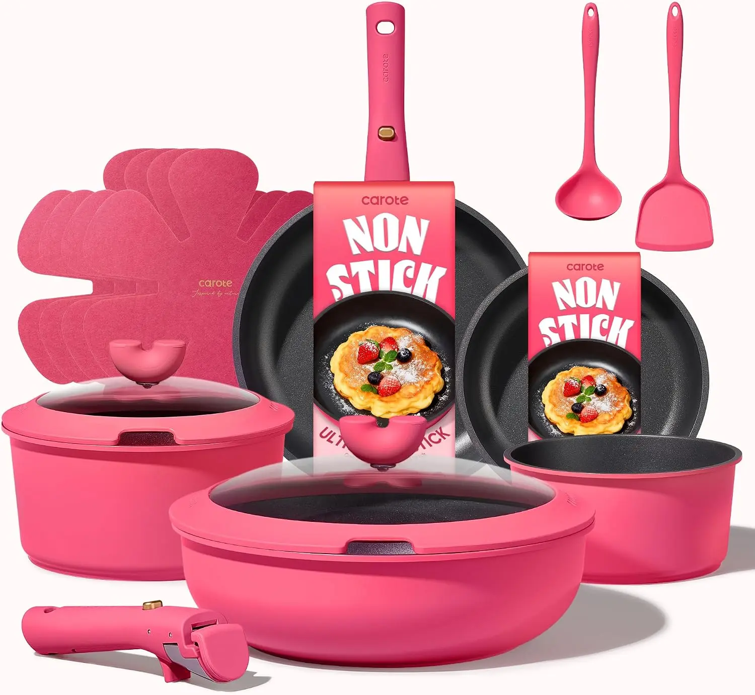 [Official] CAROTE 15-Piece Hot Pink Pots and Pans Set Non Stick, Cookware Set with Detachable Handle, Induction Compatible, Dishwasher & Oven Safe, Space Saving, Camping Cooking Set, Kitchen Set