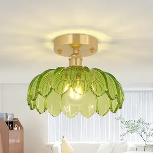 Half-Embedded Ceiling Light, Vintage Corridor Fixture, Peony Glass, Includes Bulb, Modern Kitchen Bedroom Lamp, 4.72 Inches