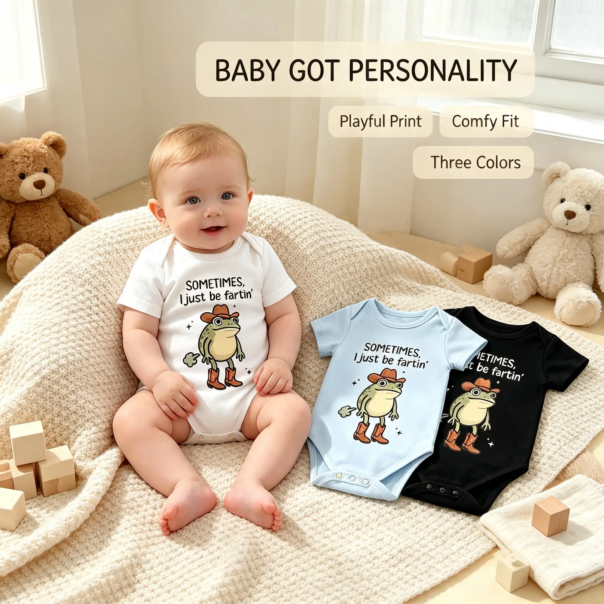 Boys' Soft Cotton Baby Onesie - Funny "Sometimes I Just Be Fartin'" Cowboy Frog Graphic casual short sleeve Newborn Romper, Baby Shower Gag Gift