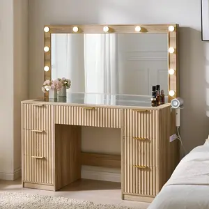[Brandday]AMERLIFE 36.2/47.2" Fluted Vanity Desk with Mirror and Adjustable LED Lights, Large 4/7 Drawers Makeup Table with Glass Top and Charging Station for Women and Girls,,Best Gift Ideas,Lighted Vanity Table, Modern Makeup Vanity