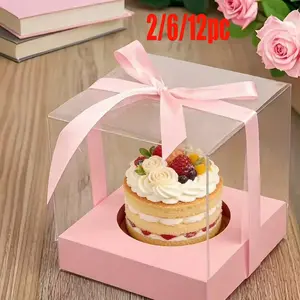 2/6/12pc pink folding transparent plastic packaging box, transparent independent cupcake box with inner lining and ribbon, suitable for Christmas gift boxes, Christmas decorations, wedding decorations, party gifts and birthday decorations and gift display