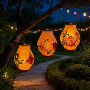 2pcs IP44 Waterproof Solar Lantern Hanging Light, Hand-painted Butterfly Flower Plastic Outdoor Lantern, Desktop Decorative Light With Handle, Night Atmosphere Light, Suitable For Garden, Courtyard, Lawn, Path, Step, Porch, Halloween, Christmas,summervibe