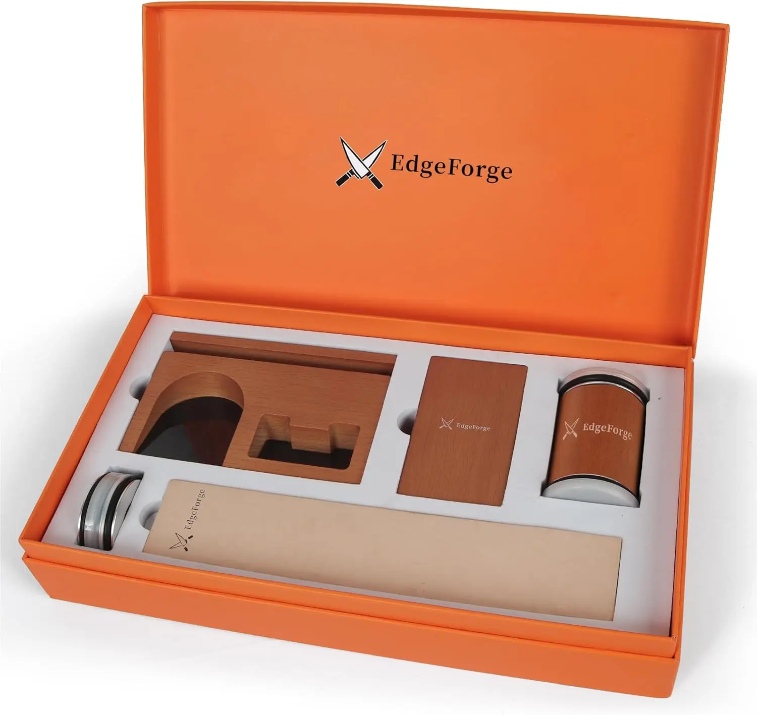 EDGEFORGE Rolling Knife Sharpener Set - Wooden & Steel Kitchen Kit with 2 Extra Discs, 2-Stage Sharpening System, 3000 Grit, Leather Strop, Stand - Blade Sharpener for Stainless Steel Knives, Perfect Gift for Dad & Any Occasion