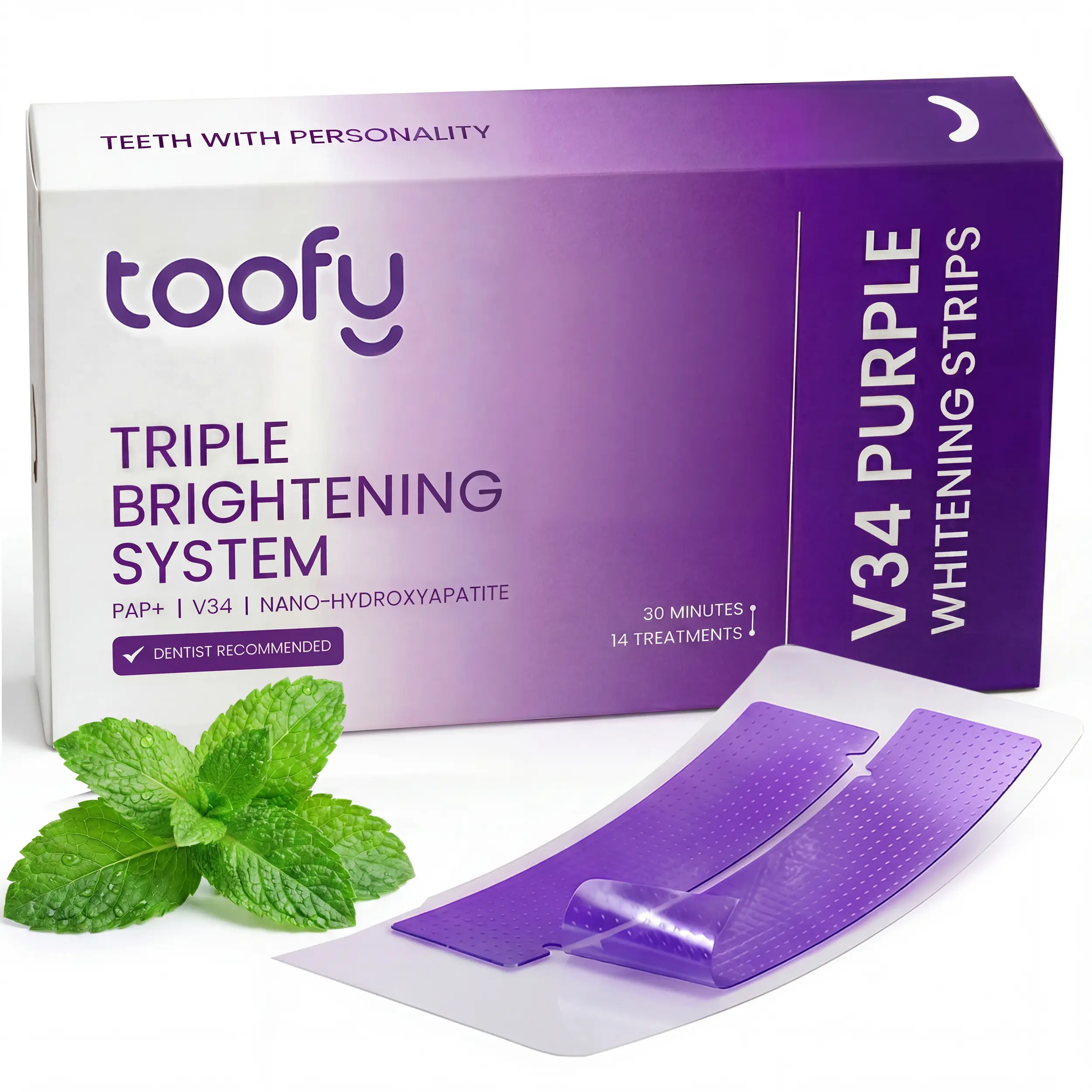 Toofy Purple Teeth Whitening Strips | V34 Color Correcting, Pap Formula, Nano-Hydroxyapatite | Peroxide Free, No Sensitivity | Enamel Repair | Sensitive Teeth | 14 Days, 28 Strips
